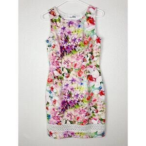 Joseph Ribkoff Floral Pink Dress Sleeveless Knee Length Sheath Eyelet 8 Medium